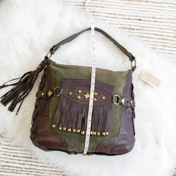 NWT! MICHAEL KORS COLLEGIATE STUDDED BROWN LEATHER OLIVE GREEN SUEDE BAG - Picture 7 of 15